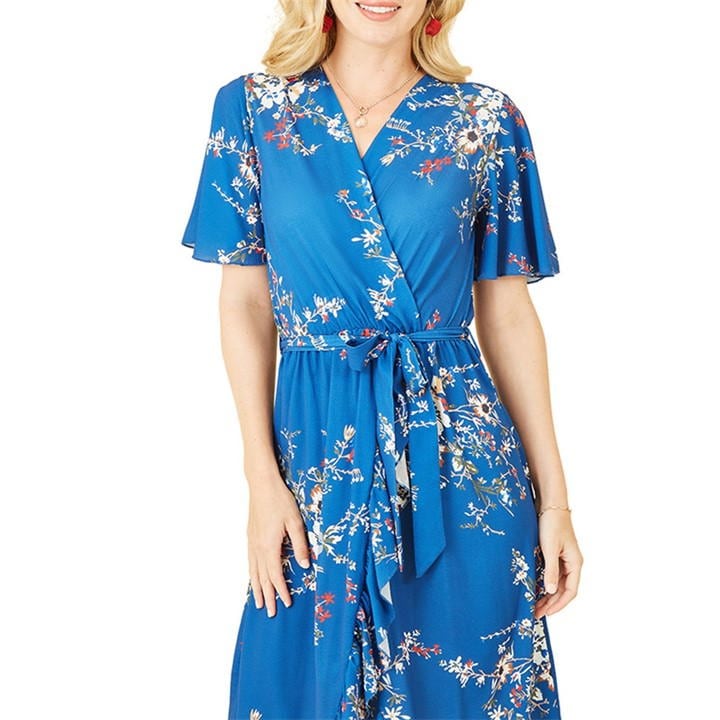 Mela London Blue Floral Dip Hem Wrap Midi Dress