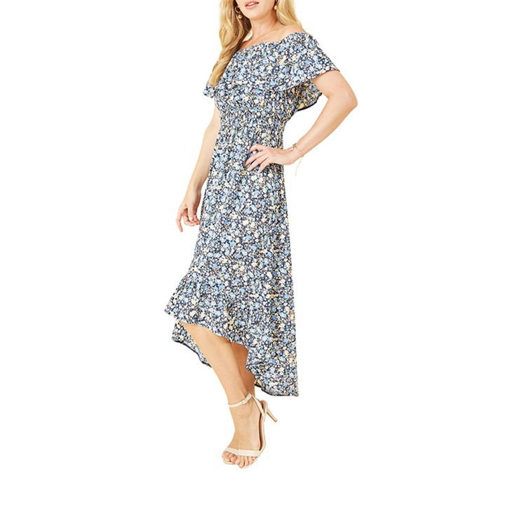 Mela London Blue Floral Ditsy Bardot Midi Dress