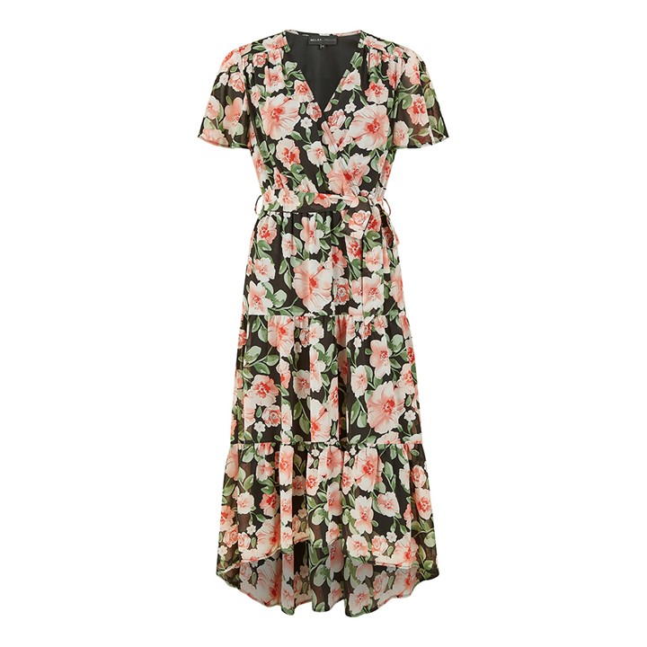 Mela London Black Floral Wrap Dress With Dipped Hem