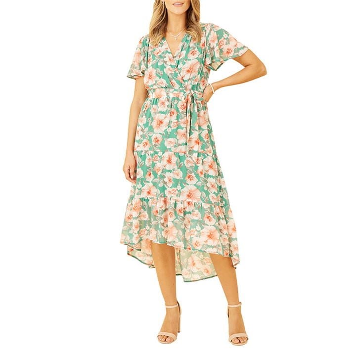 Mela London Black Floral Wrap Dress With Dipped Hem