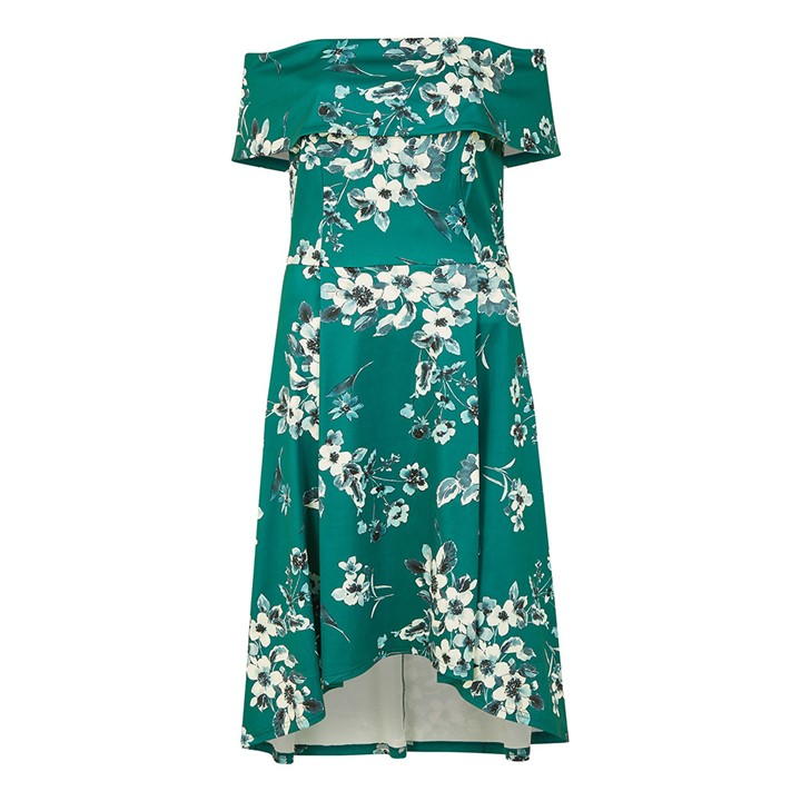 Mela London Green Floral Bardot Dipped Hem Dress
