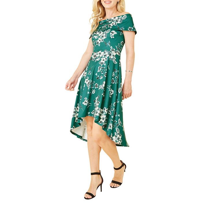 Mela London Green Floral Bardot Dipped Hem Dress