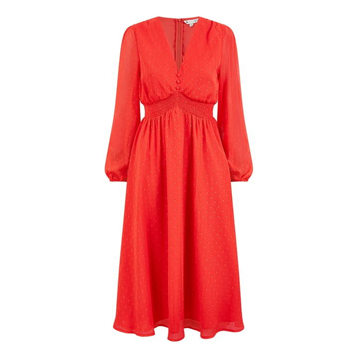 Yumi Red Metallic Dobby Midi Dress