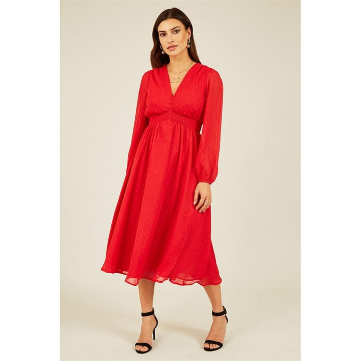 Yumi Red Metallic Dobby Midi Dress