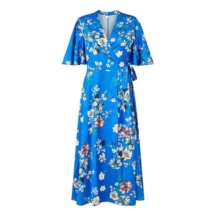 Yumi Blue Floral Satin Wrap Dress