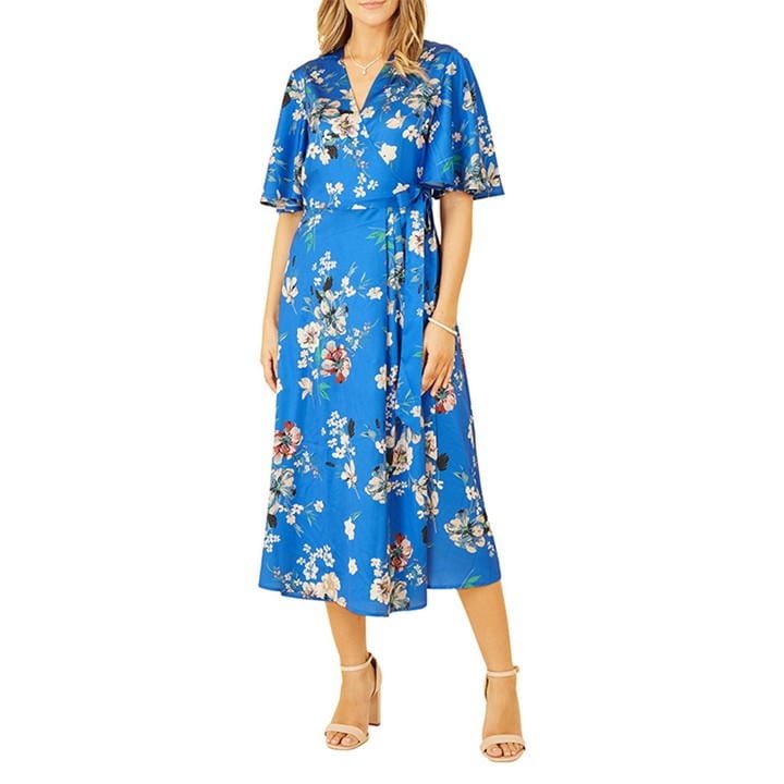 Yumi Blue Floral Satin Wrap Dress