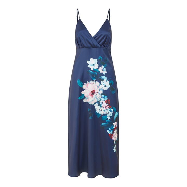 Yumi Navy Satin Slip Dress With Floral Design