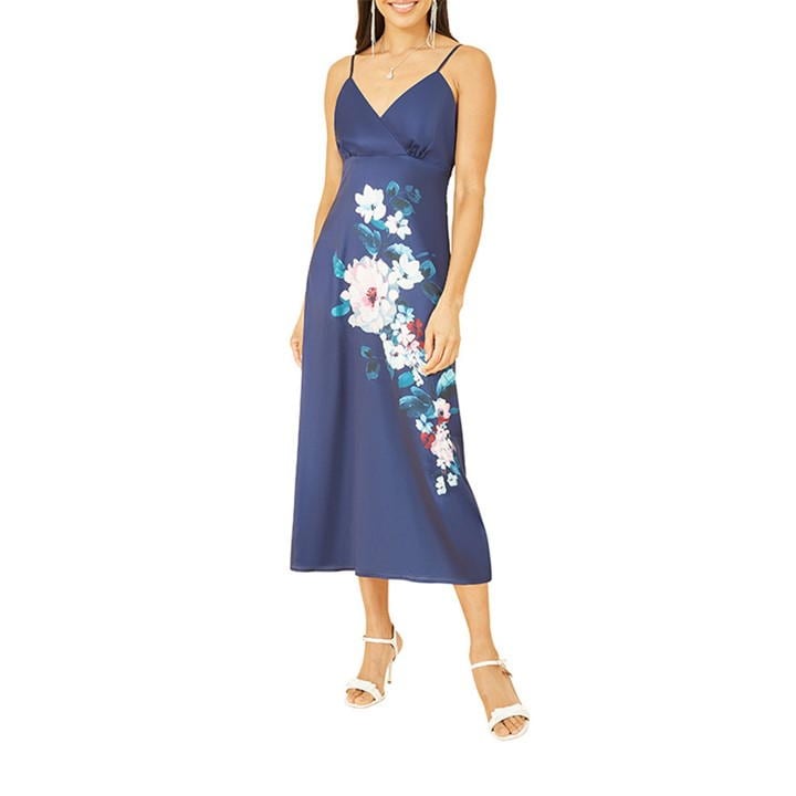 Yumi Navy Satin Slip Dress With Floral Design