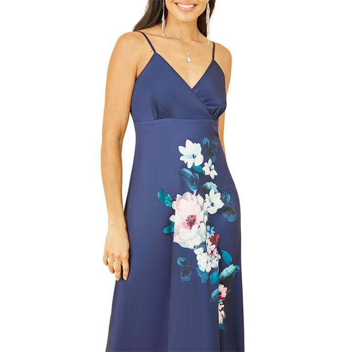 Yumi Navy Satin Slip Dress With Floral Design