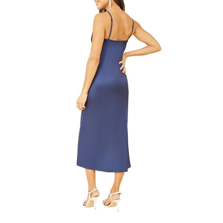 Yumi Navy Satin Slip Dress With Floral Design