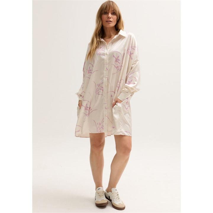 Kristy Button Down Large Floral Shirtdress In Cream