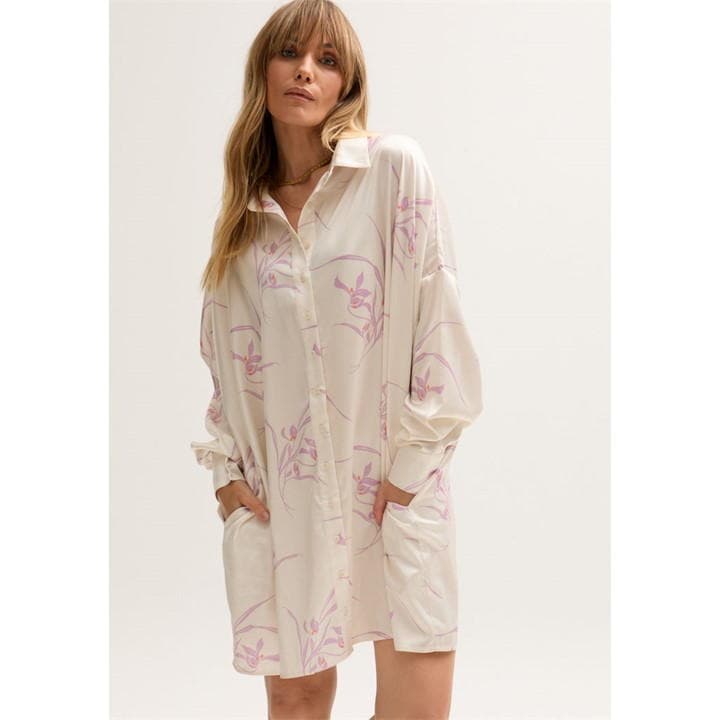 Kristy Button Down Large Floral Shirtdress In Cream