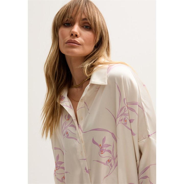 Kristy Button Down Large Floral Shirtdress In Cream