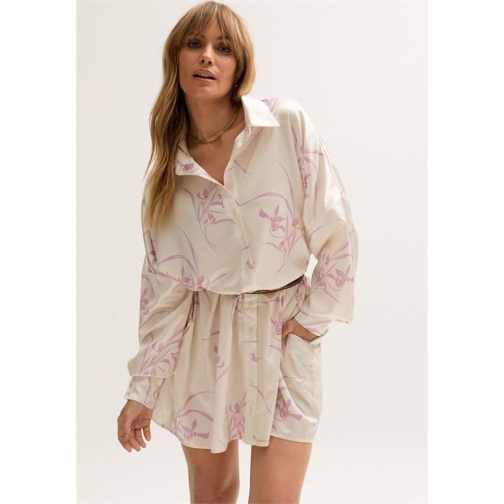 Kristy Button Down Large Floral Shirtdress In Cream