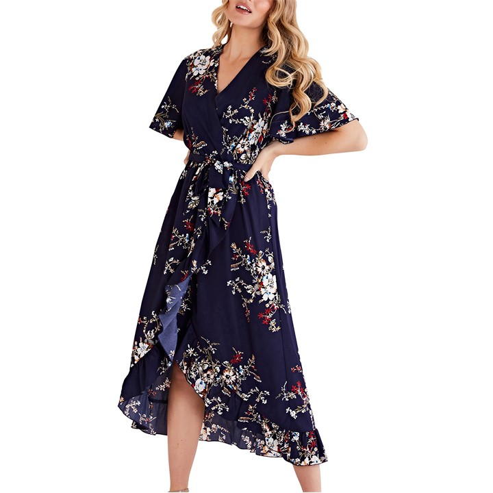 Navy Floral Short Sleeve Maxi Dress