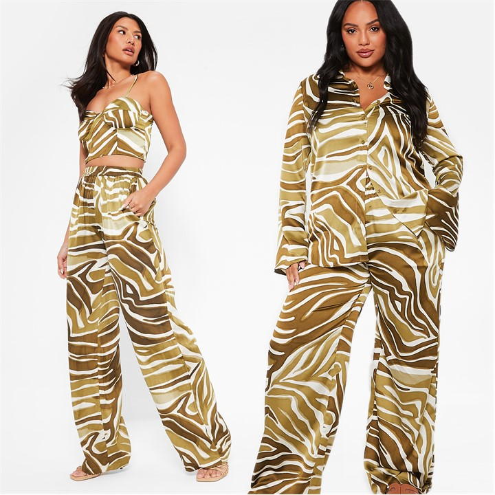 Printed Wide Leg Satin Trousers Co-Ord
