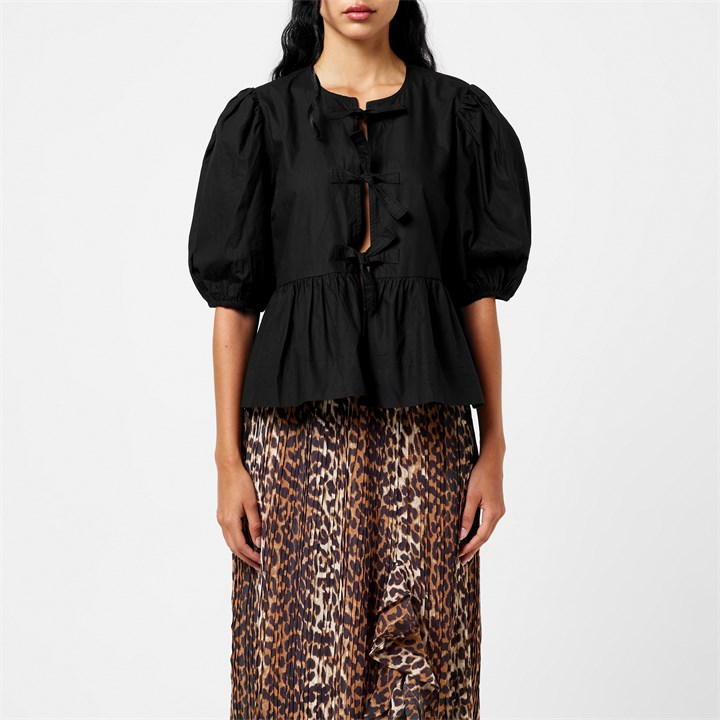 Cotton Poplin Peplum Tie Blouse