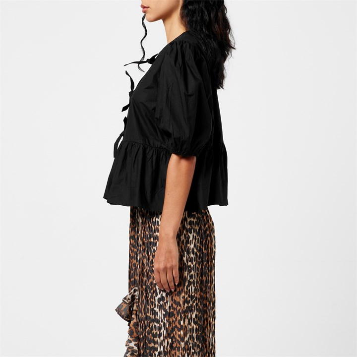 Cotton Poplin Peplum Tie Blouse