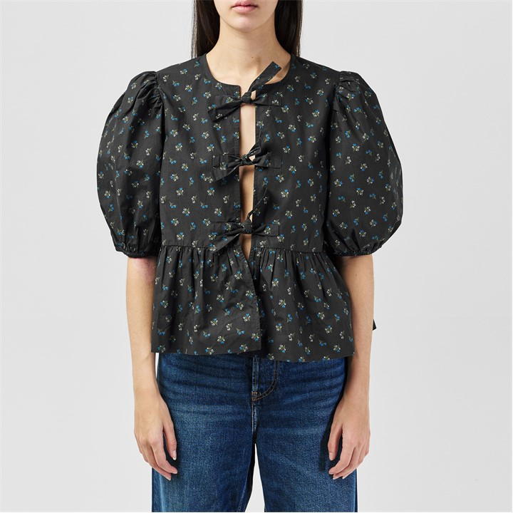 Cotton Poplin Peplum Tie Blouse