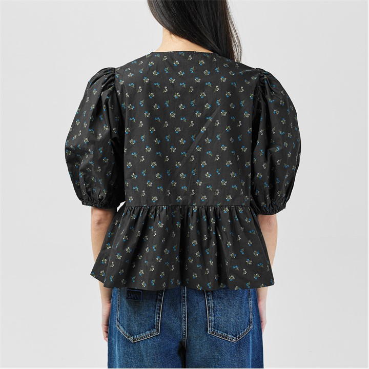 Cotton Poplin Peplum Tie Blouse