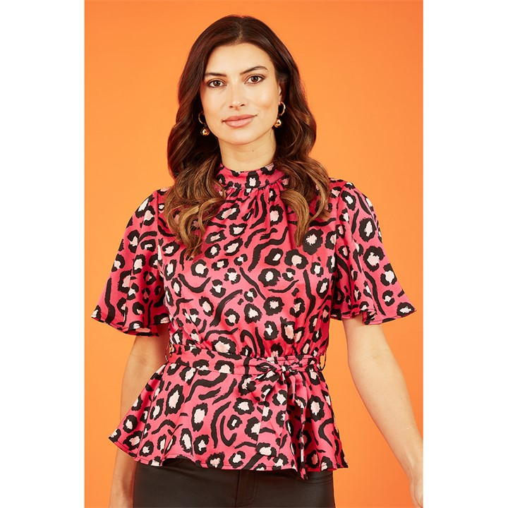 Mela London Pink Animal Print Belted High Neck Top