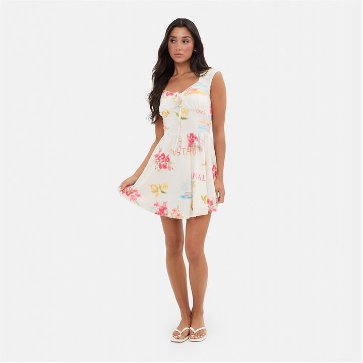 Printed Tie Front Mini Dress