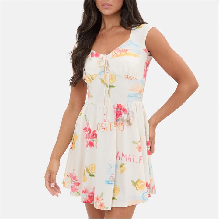 Printed Tie Front Mini Dress