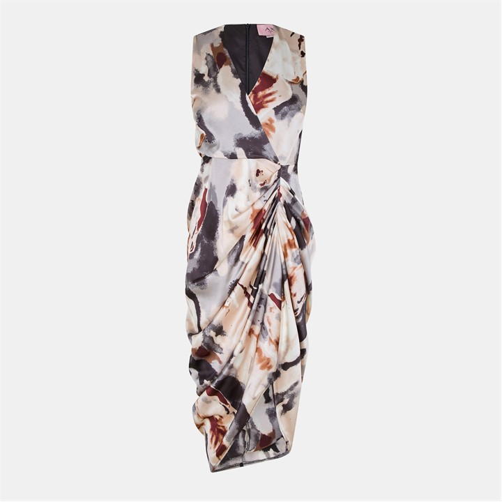 Marble Print Wrap Top Gathered Skirt Midi Dress
