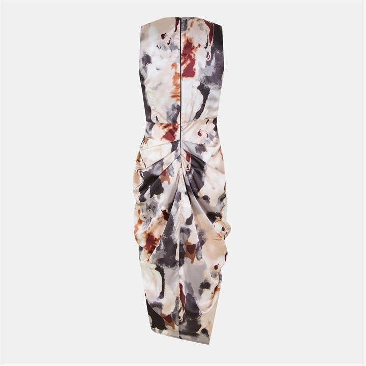 Marble Print Wrap Top Gathered Skirt Midi Dress