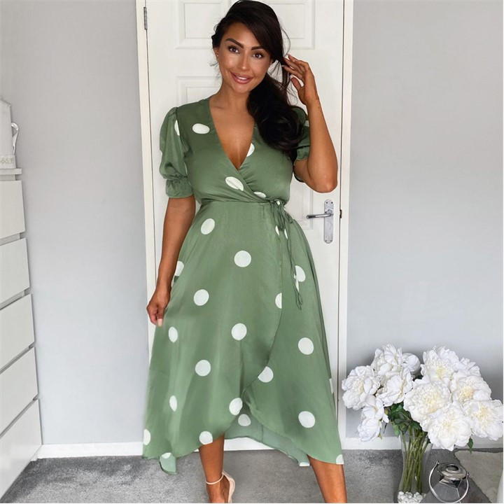 Green Dot Print Wrap Over Midi Dress