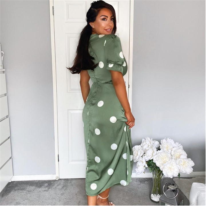 Green Dot Print Wrap Over Midi Dress