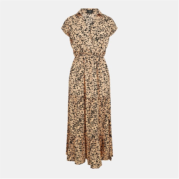 Peach And Black Printed Midi Smock Dress