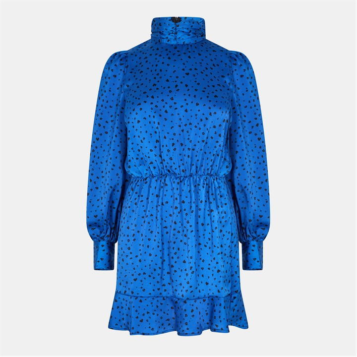 Blue And Black Printed High Neck Skater Dress