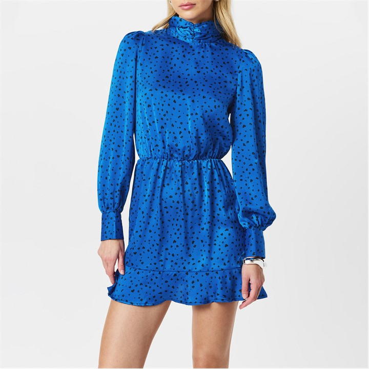 Blue And Black Printed High Neck Skater Dress