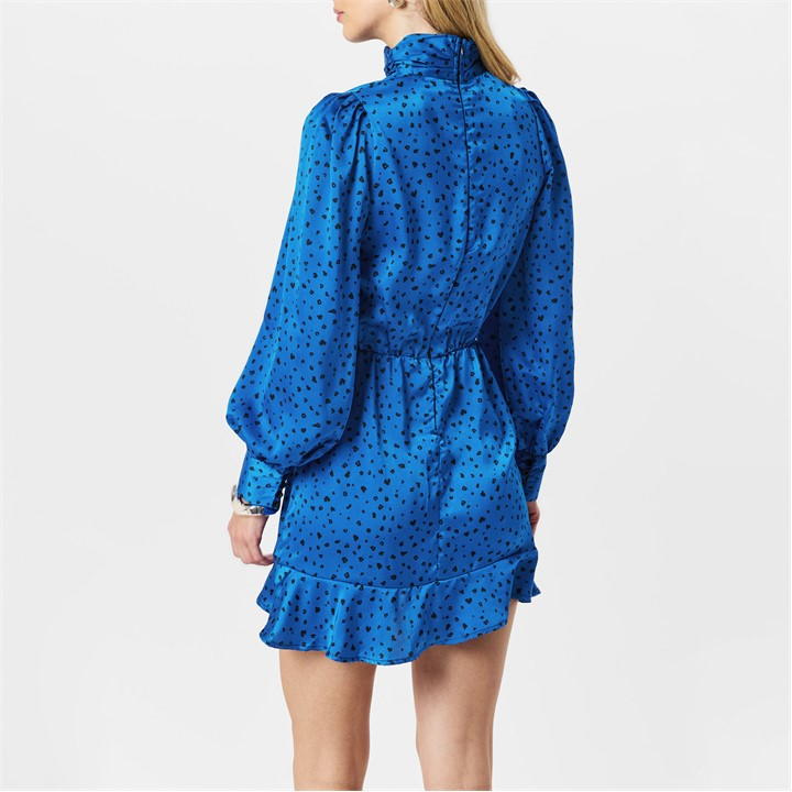 Blue And Black Printed High Neck Skater Dress