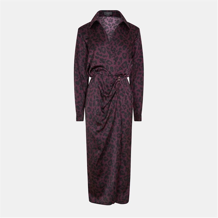 Plum Animal Print Long Sleeve Wrap Midi Dress With Gold Buttons