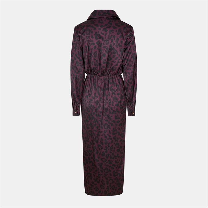 Plum Animal Print Long Sleeve Wrap Midi Dress With Gold Buttons