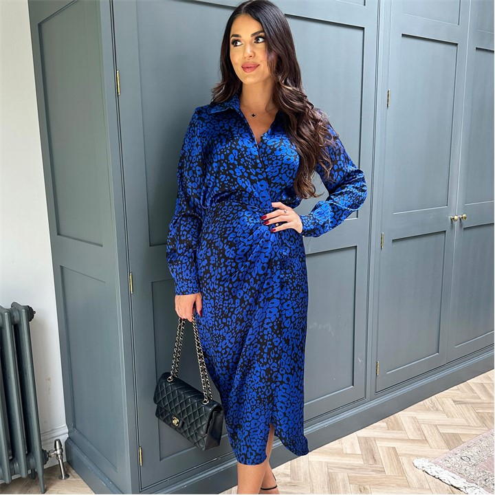 Cobalt Animal Print Collared Midi Dress