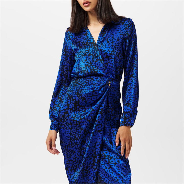 Cobalt Animal Print Collared Midi Dress