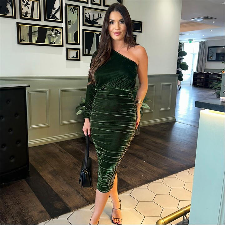 Green Velvet One Sleeve Ruched Midi Dress