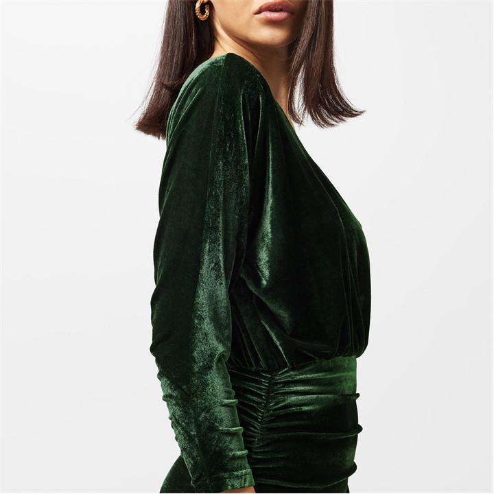 Green Velvet One Sleeve Ruched Midi Dress