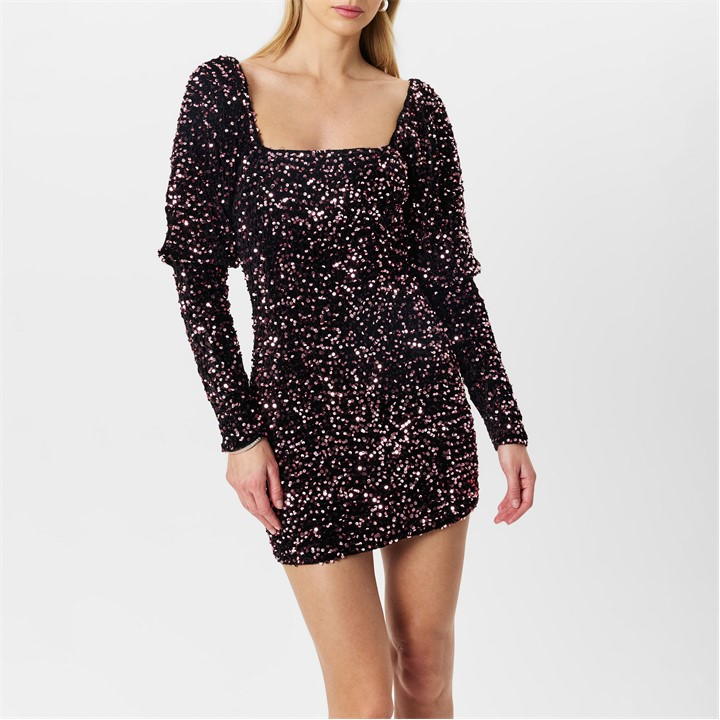 Pink Sequin Puff Sleeve Mini Dress