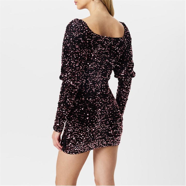 Pink Sequin Puff Sleeve Mini Dress