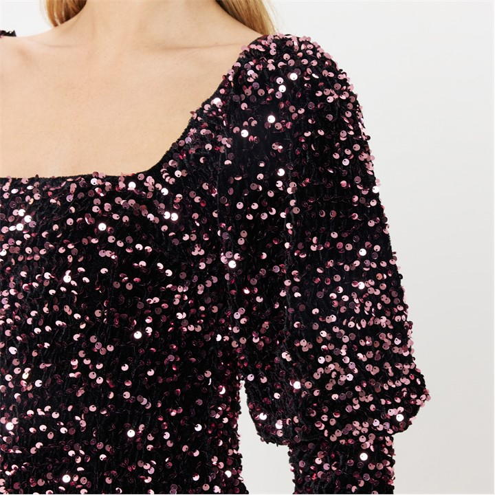 Pink Sequin Puff Sleeve Mini Dress