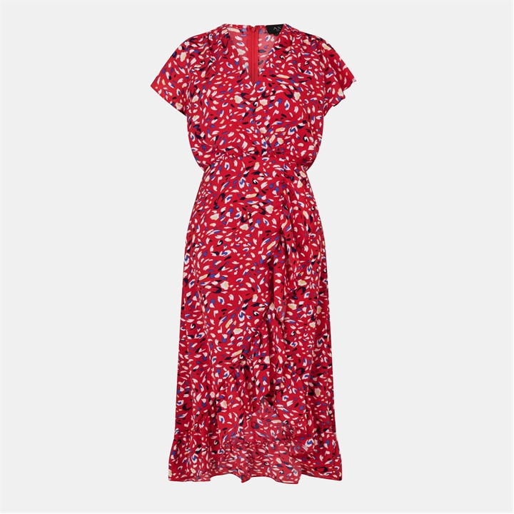 Red Abstract Print Wrap Midi Dress