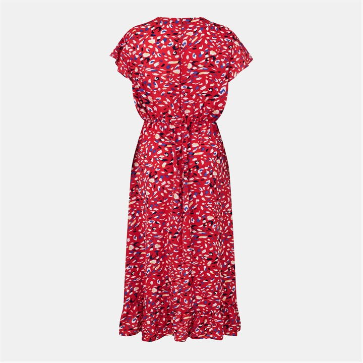 Red Abstract Print Wrap Midi Dress