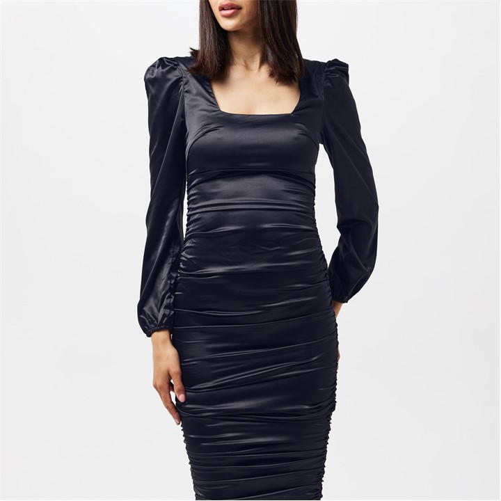 Satin Square Neck Ruched Dress
