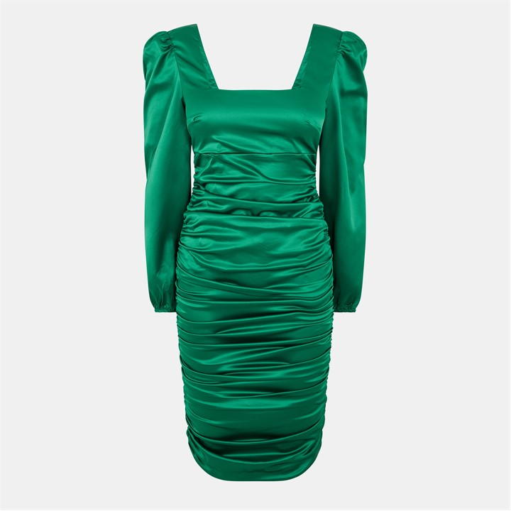 Satin Square Neck Ruched Dress