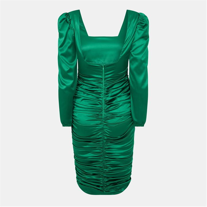 Satin Square Neck Ruched Dress