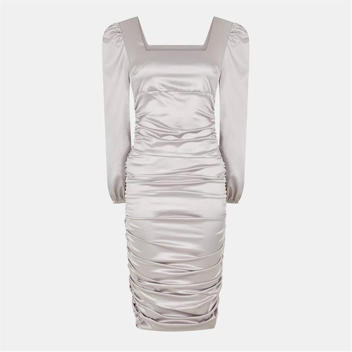 Satin Square Neck Ruched Dress